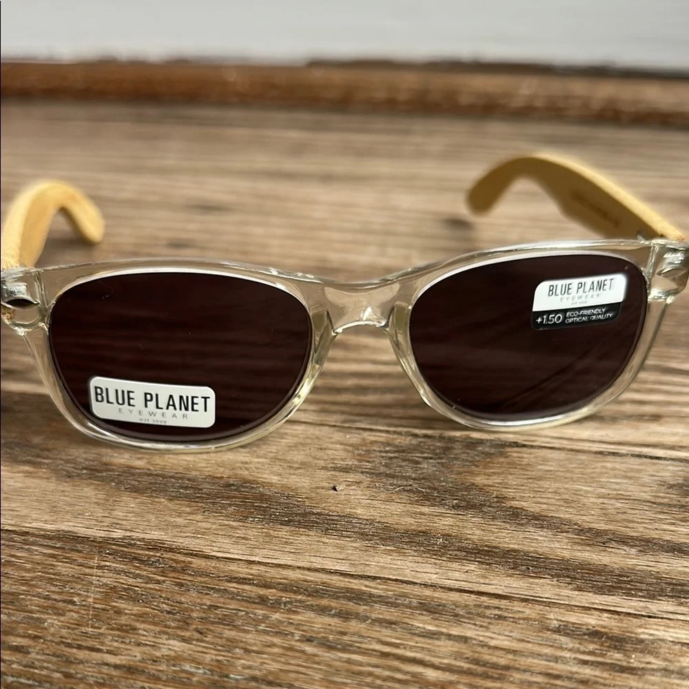 Blue Planet Clear Frame Natural Bamboo + Smoke Polarized Lens NWT readers 1.5